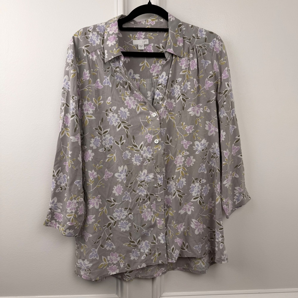 J. Jill Grey Floral‎ Button Down Blouse Long Sleeve Petite Small Purple White
